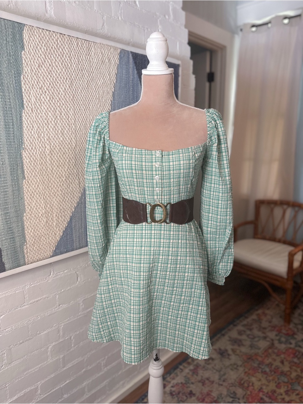 Urban Outfitters Green and Cream Plaid Puff Sleeve Dress